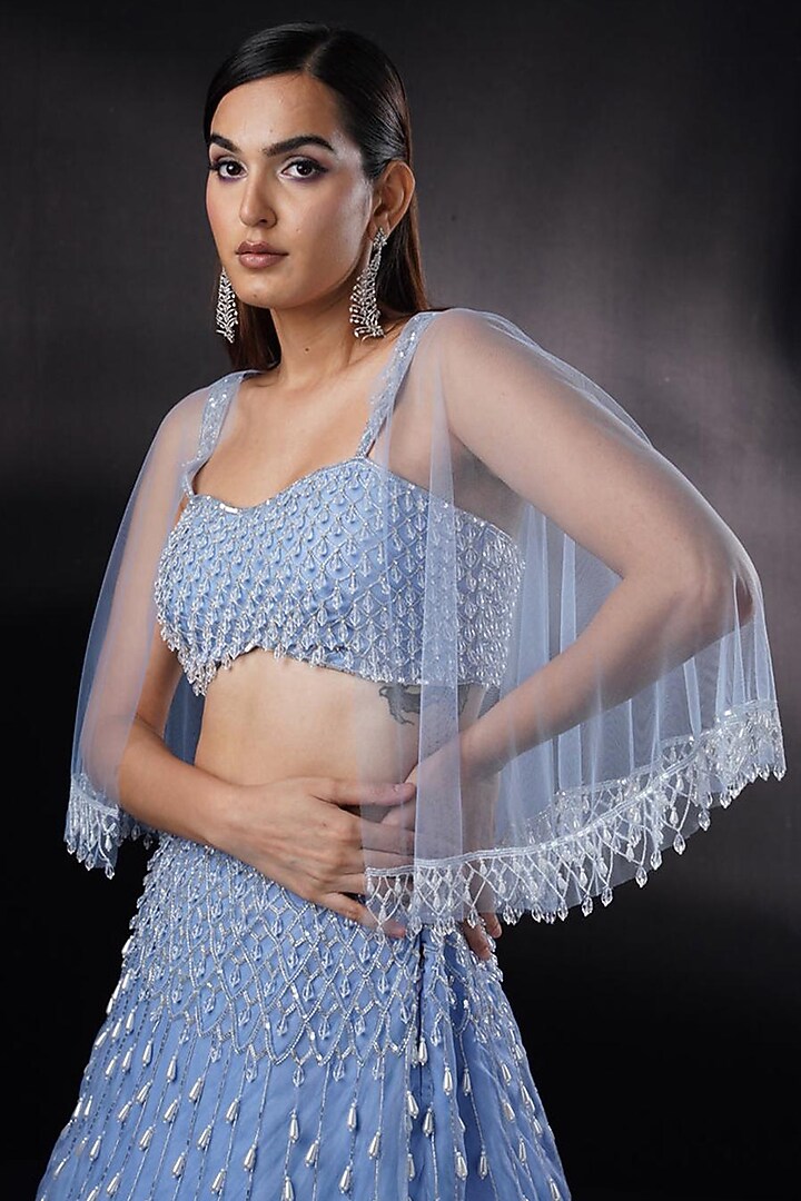 Sapphire Blue Organza Pearl Work Jacket Wedding Lehenga Set by Ronak and Shruti at Pernia's Pop Up Shop
