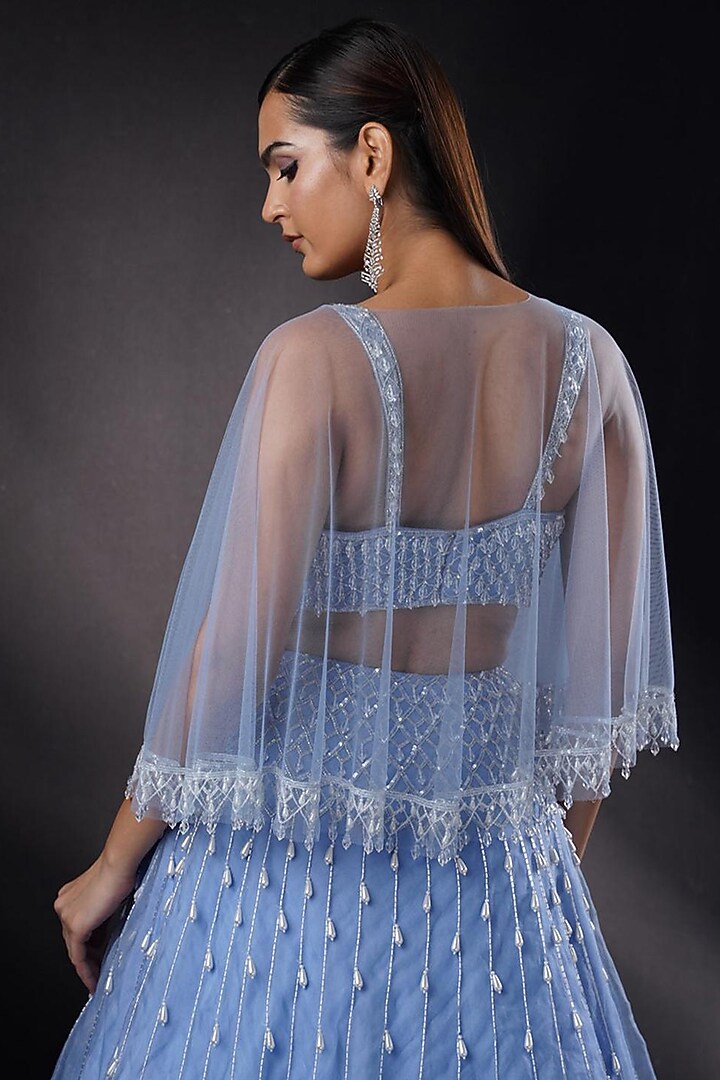 Sapphire Blue Organza Pearl Work Jacket Wedding Lehenga Set by Ronak and Shruti at Pernia's Pop Up Shop