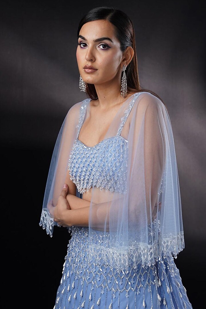 Sapphire Blue Organza Pearl Work Jacket Wedding Lehenga Set by Ronak and Shruti at Pernia's Pop Up Shop