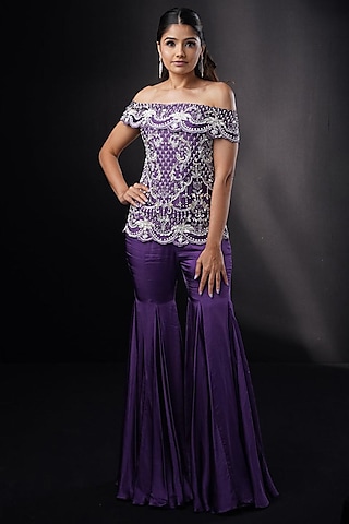 Plum Purple Organza Flared Sharara Set by Ronak and Shruti