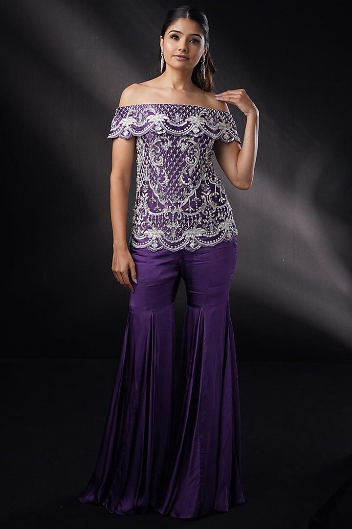 Plum Purple Organza Flared Wedding Sharara Set by Ronak and Shruti at Pernia's Pop Up Shop