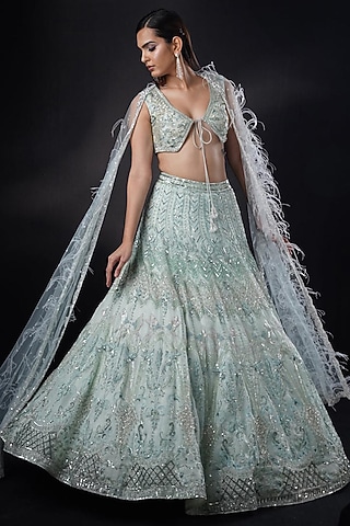 Powder Blue Organza Resham Embroidered Jacket Lehenga Set by Ronak and Shruti
