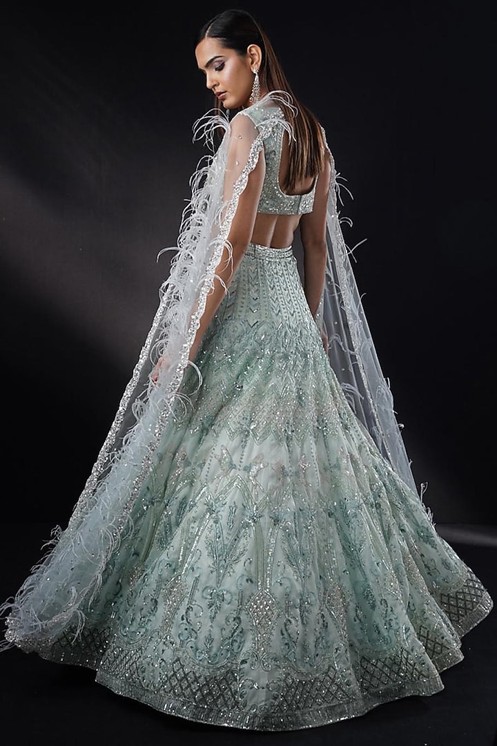 Powder Blue Organza Resham Embroidered Jacket Bridal Lehenga Set by Ronak and Shruti at Pernia's Pop Up Shop