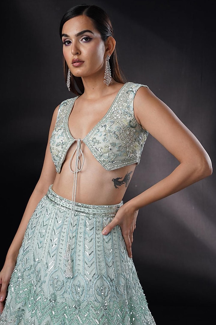 Powder Blue Organza Resham Embroidered Jacket Bridal Lehenga Set by Ronak and Shruti at Pernia's Pop Up Shop