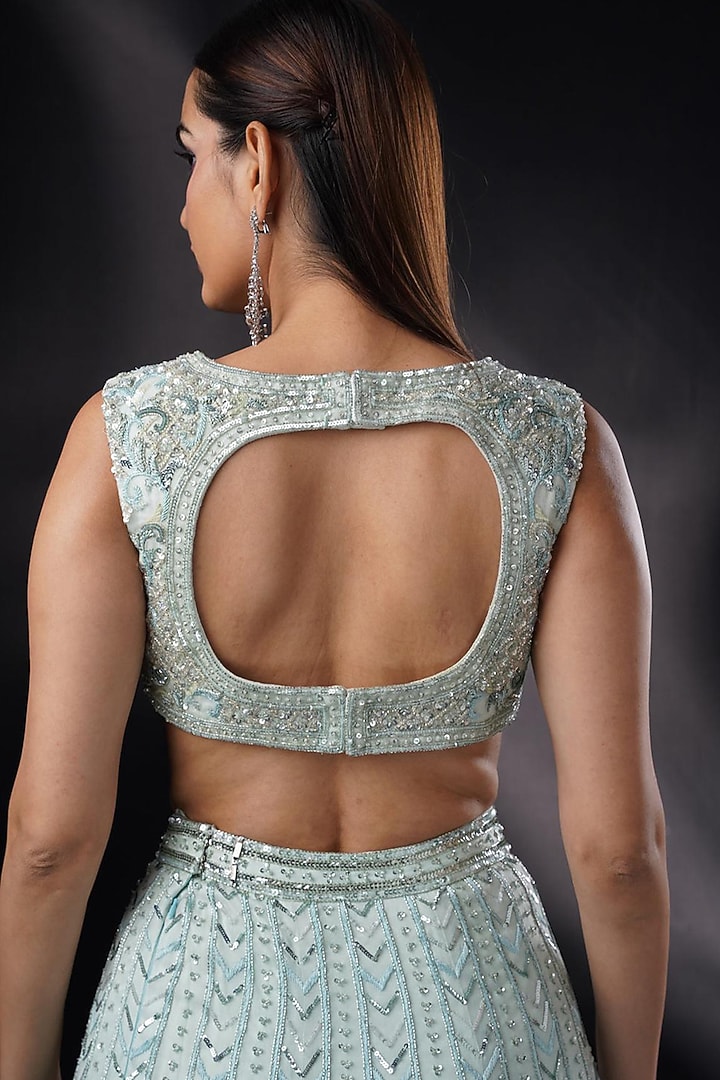 Powder Blue Organza Resham Embroidered Jacket Bridal Lehenga Set by Ronak and Shruti at Pernia's Pop Up Shop
