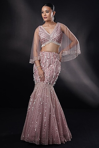 Bronze Tulle Sequins & 3D Pearl Embroidered Fish-Cut Lehenga Set by Ronak and Shruti