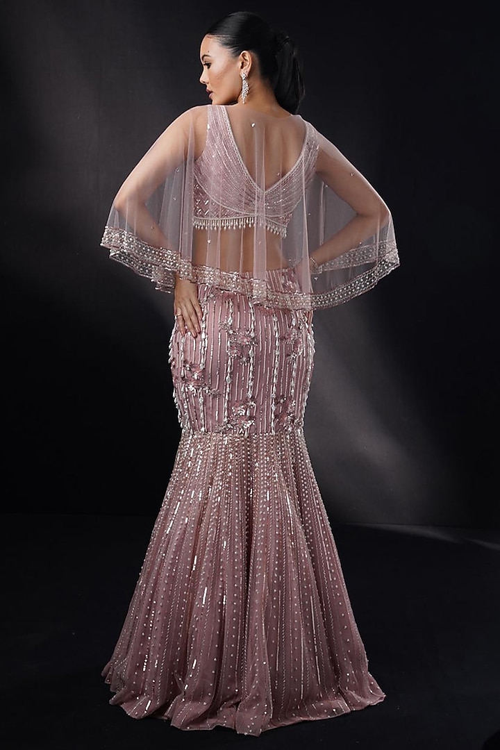 Bronze Tulle Sequins & 3D Pearl Embroidered Fish-Cut Wedding Lehenga Set by Ronak and Shruti at Pernia's Pop Up Shop