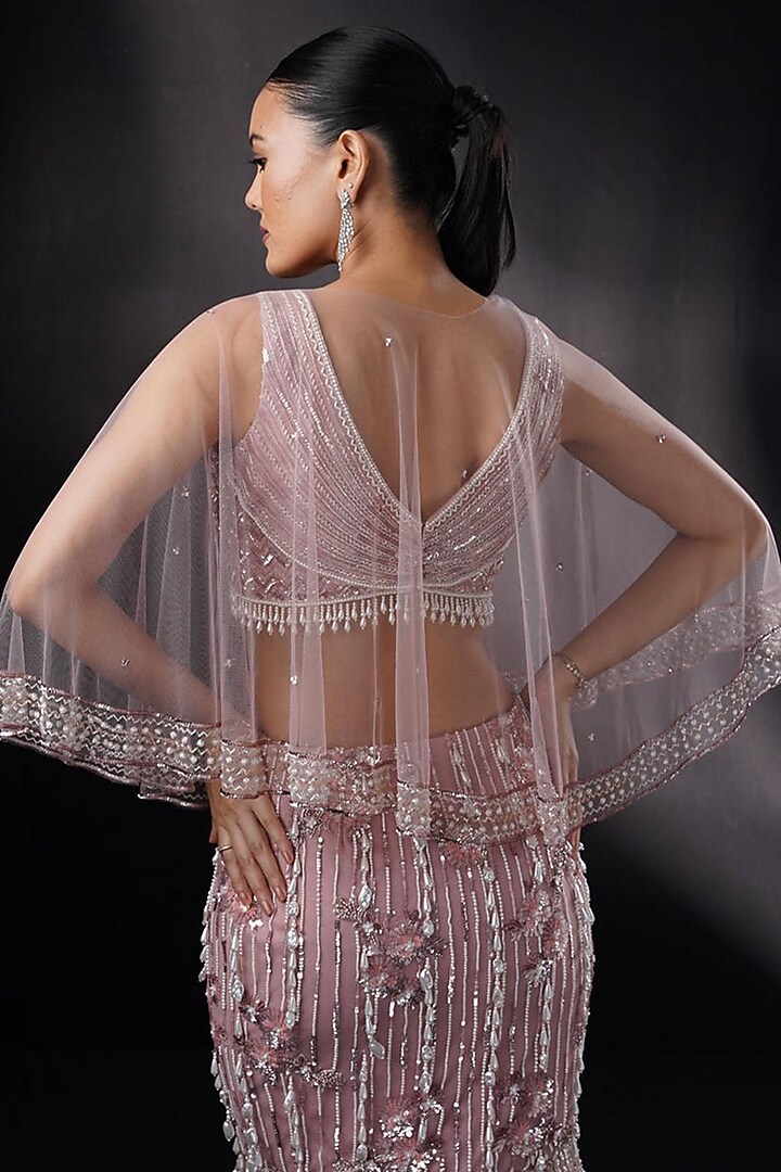 Bronze Tulle Sequins & 3D Pearl Embroidered Fish-Cut Wedding Lehenga Set by Ronak and Shruti at Pernia's Pop Up Shop