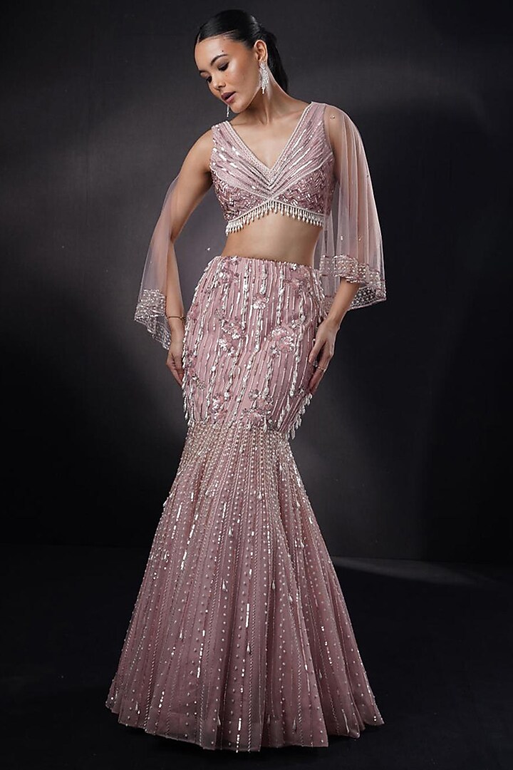 Bronze Tulle Sequins & 3D Pearl Embroidered Fish-Cut Wedding Lehenga Set by Ronak and Shruti at Pernia's Pop Up Shop