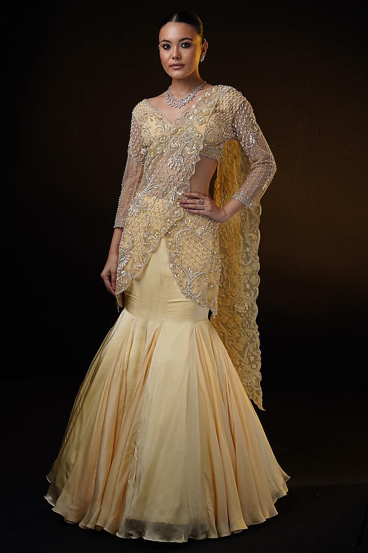 Golden Organza Mermaid Draped Wedding Lehenga Set by Ronak and Shruti at Pernia's Pop Up Shop