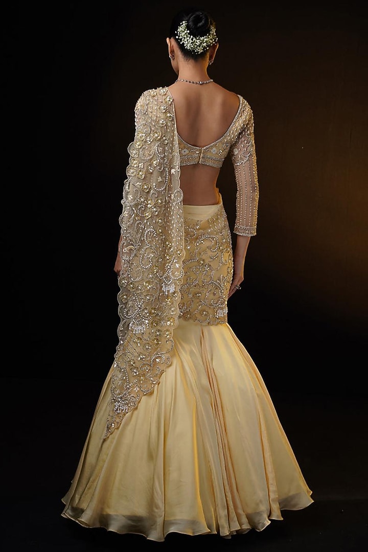 Golden Organza Mermaid Draped Wedding Lehenga Set by Ronak and Shruti at Pernia's Pop Up Shop