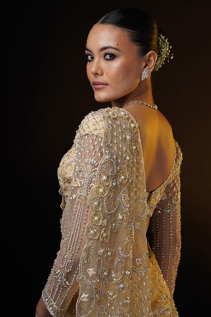 Golden Organza Mermaid Draped Wedding Lehenga Set by Ronak and Shruti at Pernia's Pop Up Shop