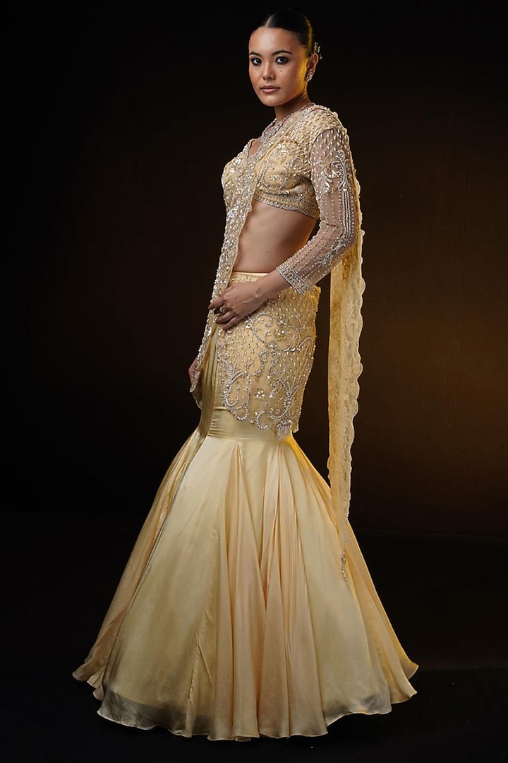 Golden Organza Mermaid Draped Wedding Lehenga Set by Ronak and Shruti at Pernia's Pop Up Shop