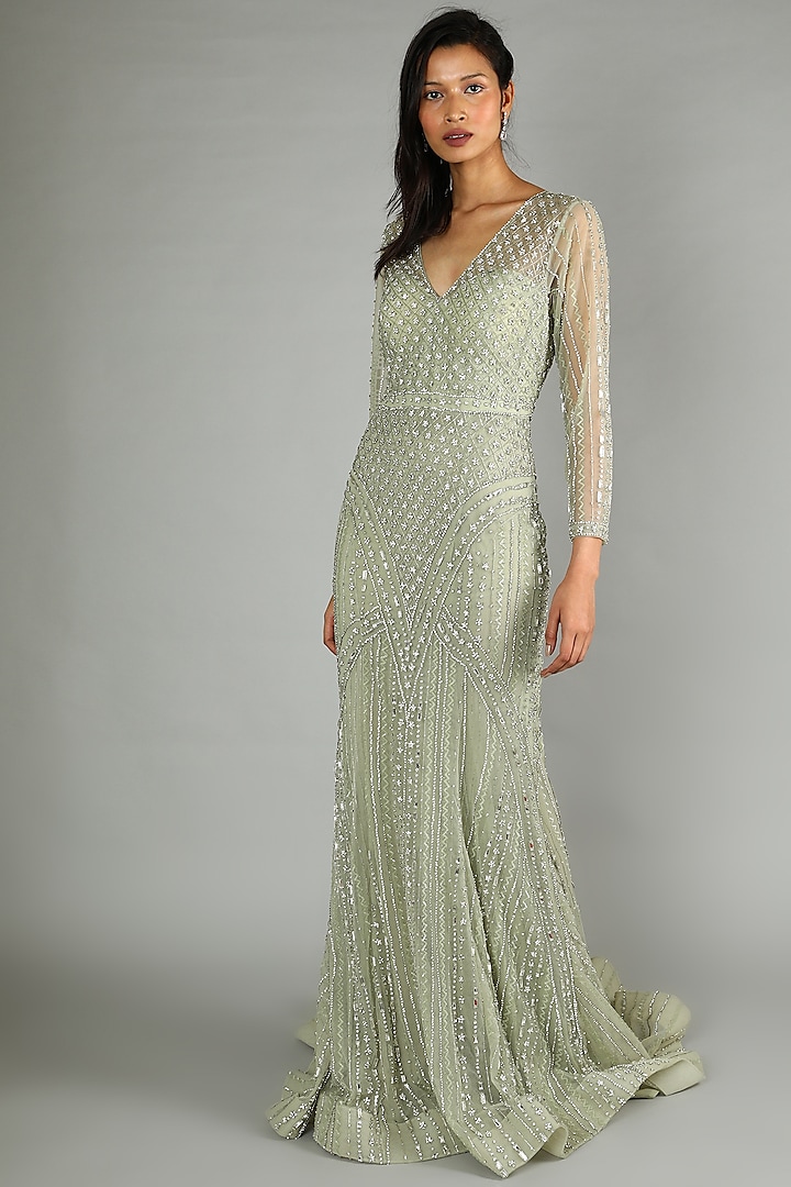 Sage Green Embroidered Gown by KIASA By Ronak & Shruti