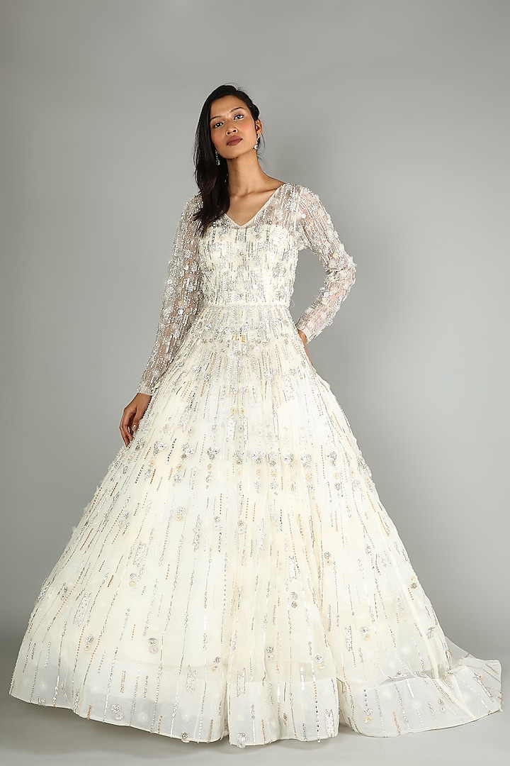 Ivory White Embroidered Gown by KIASA By Ronak & Shruti