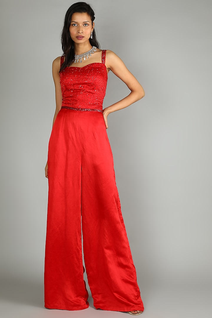 Red Embroidered Jumpsuit by KIASA By Ronak & Shruti