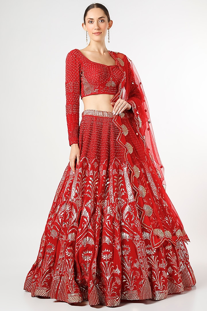 Red Applique Embroidered Lehenga Set Design by KIASA By Ronak & Shruti