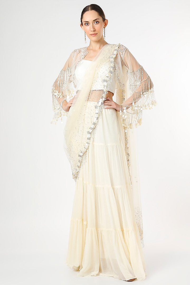 White Embroidered Pre-Stitched Saree Set by KIASA By Ronak & Shruti at Pernia's Pop Up Shop