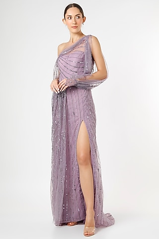 Violet Net Draped One-Shoulder Gown by Ronak and Shruti