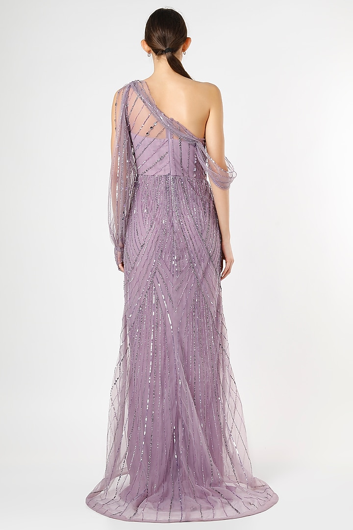 Violet Net Draped One-Shoulder Wedding Gown by Ronak and Shruti at Pernia's Pop Up Shop