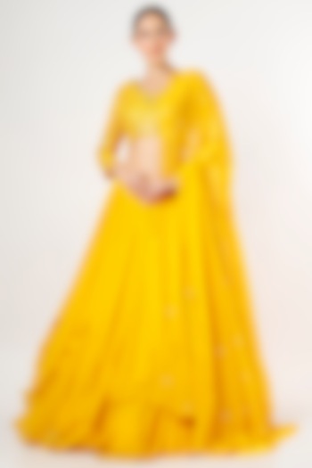 Yellow Embroidered High-Low Wedding Lehenga Set by KIASA By Ronak & Shruti at Pernia's Pop Up Shop