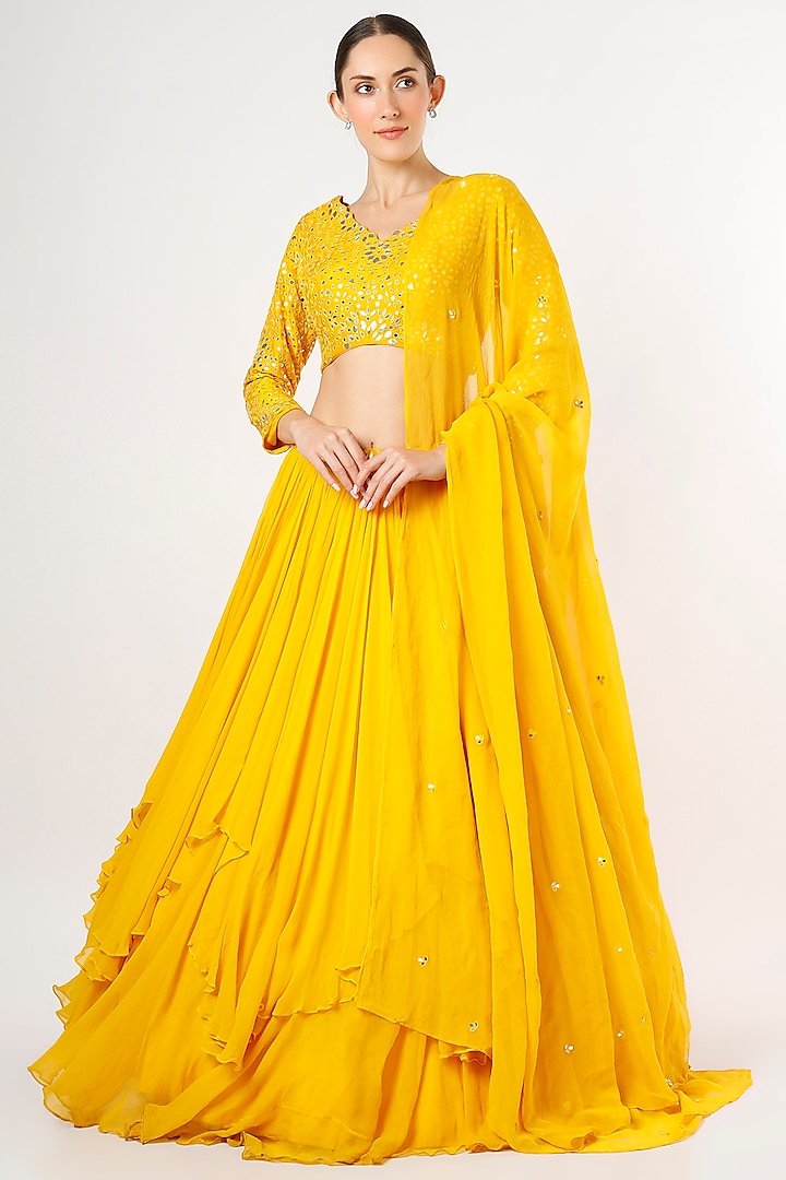 Yellow Embroidered High-Low Wedding Lehenga Set by KIASA By Ronak & Shruti at Pernia's Pop Up Shop