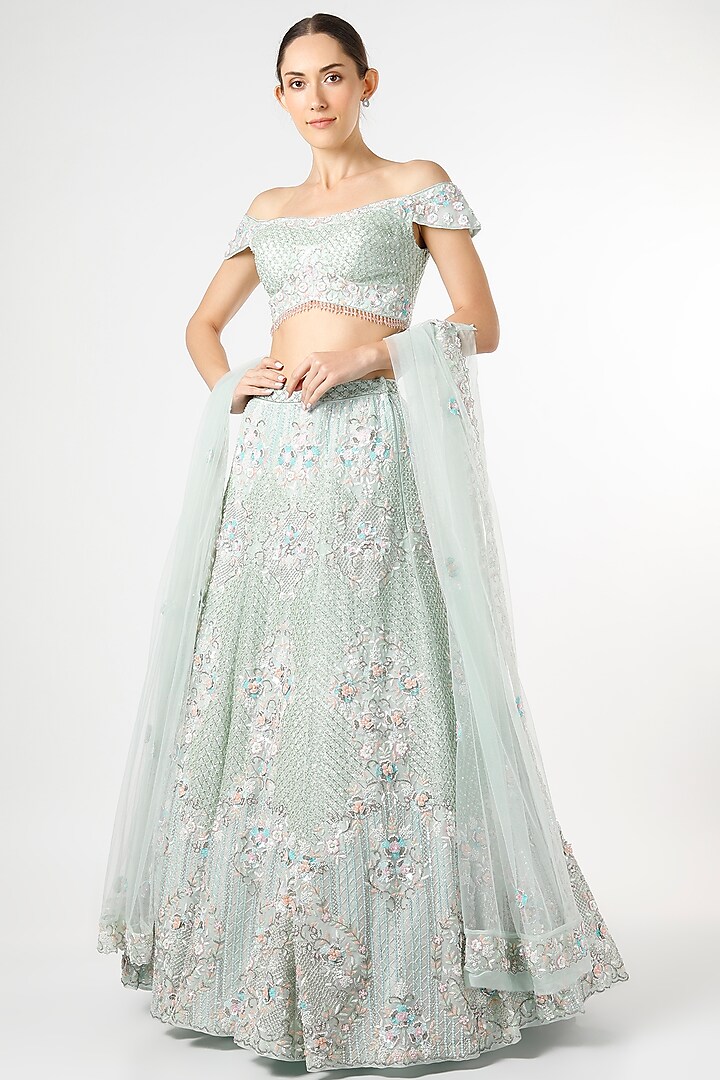 Mint Embroidered Bridal Lehenga Set by Ronak and Shruti at Pernia's Pop Up Shop