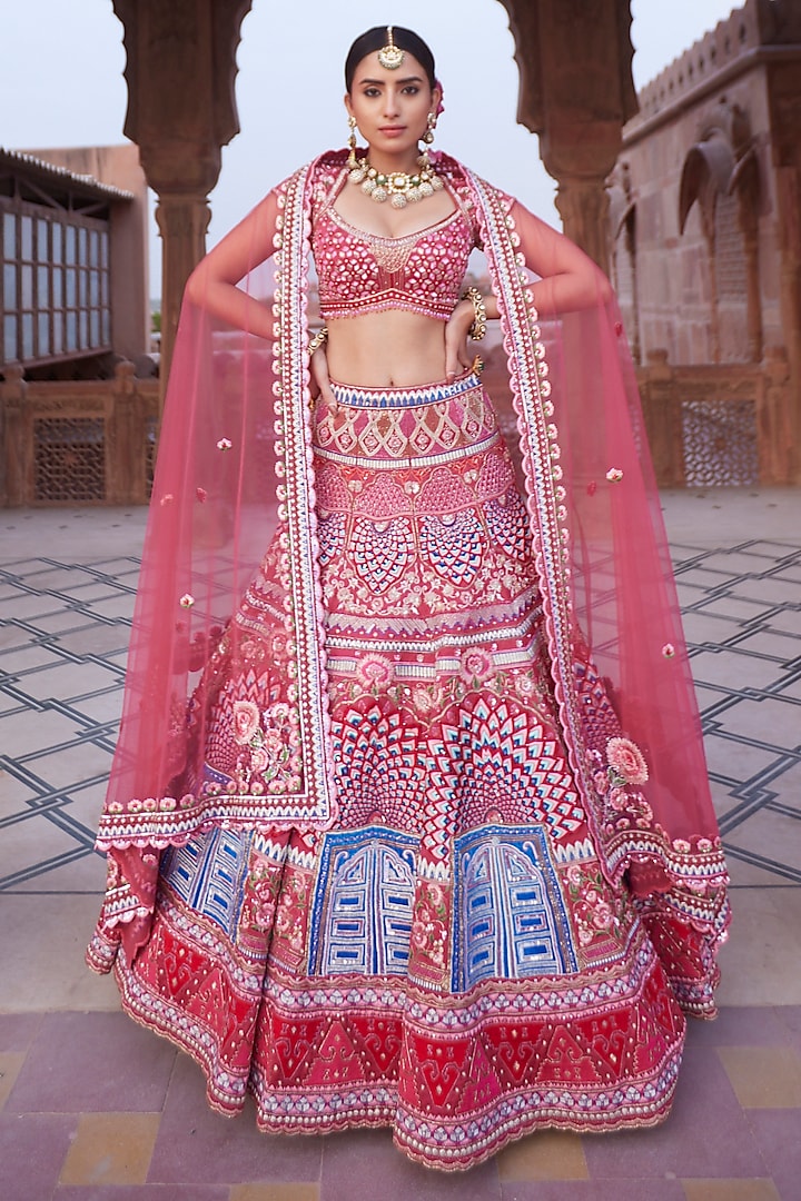 Pink Raw Silk Embroidered Lehenga Set by KIASA By Ronak & Shruti
