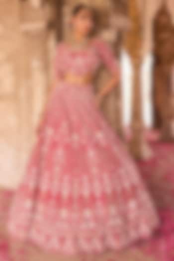 Crimson Red Raw Silk Pearl & Zardosi Bridal Lehenga Set by Ronak and Shruti at Pernia's Pop Up Shop