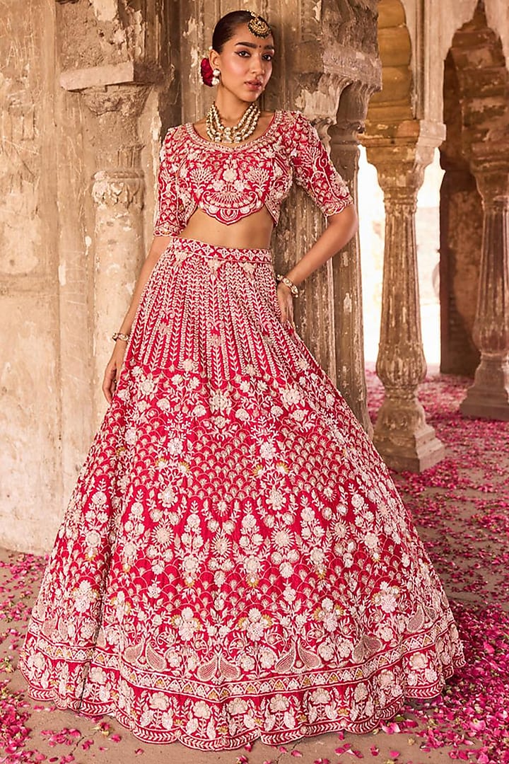 Crimson Red Raw Silk Pearl & Zardosi Bridal Lehenga Set by Ronak and Shruti at Pernia's Pop Up Shop