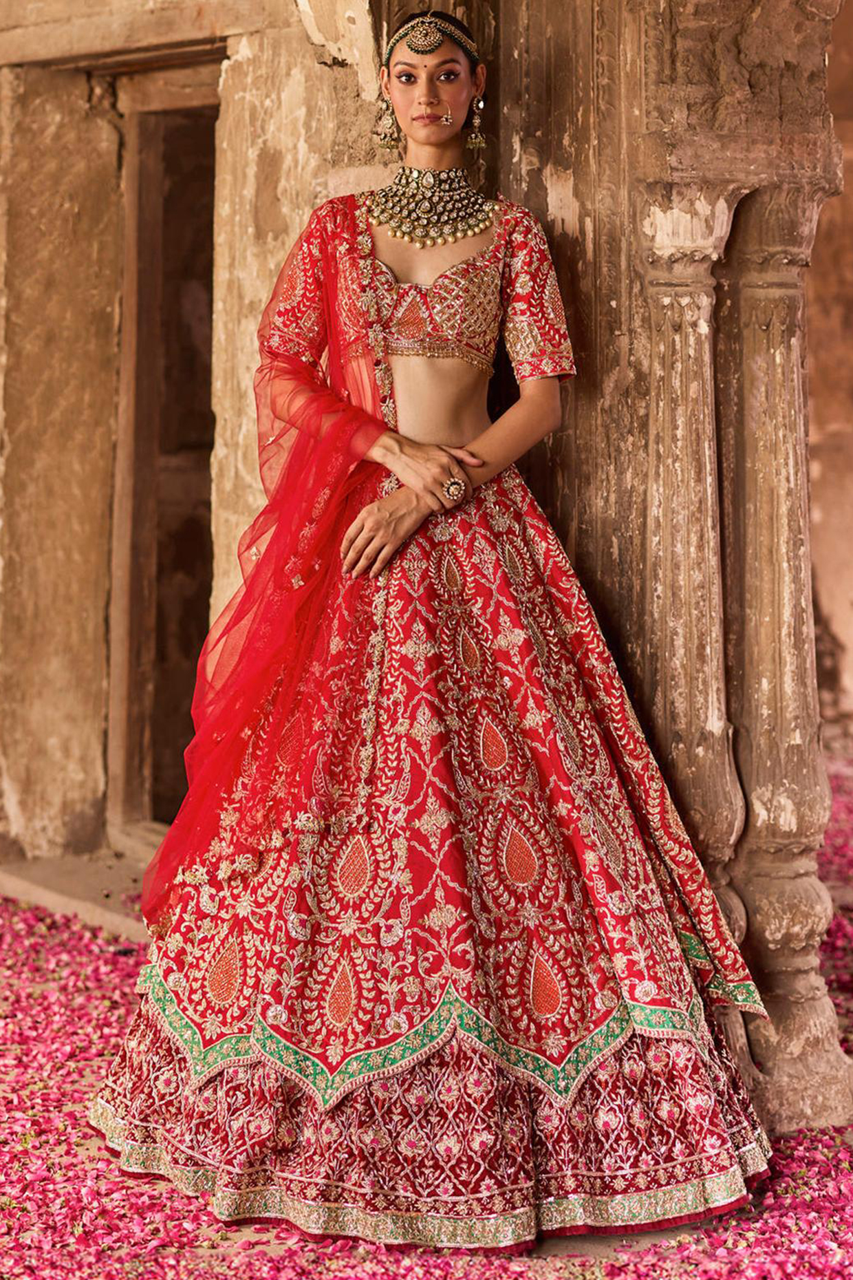 Red Raw Silk & Velvet Gota Patti Embroidered Bridal Lehenga Set by Ronak and Shruti at Pernia's Pop Up Shop