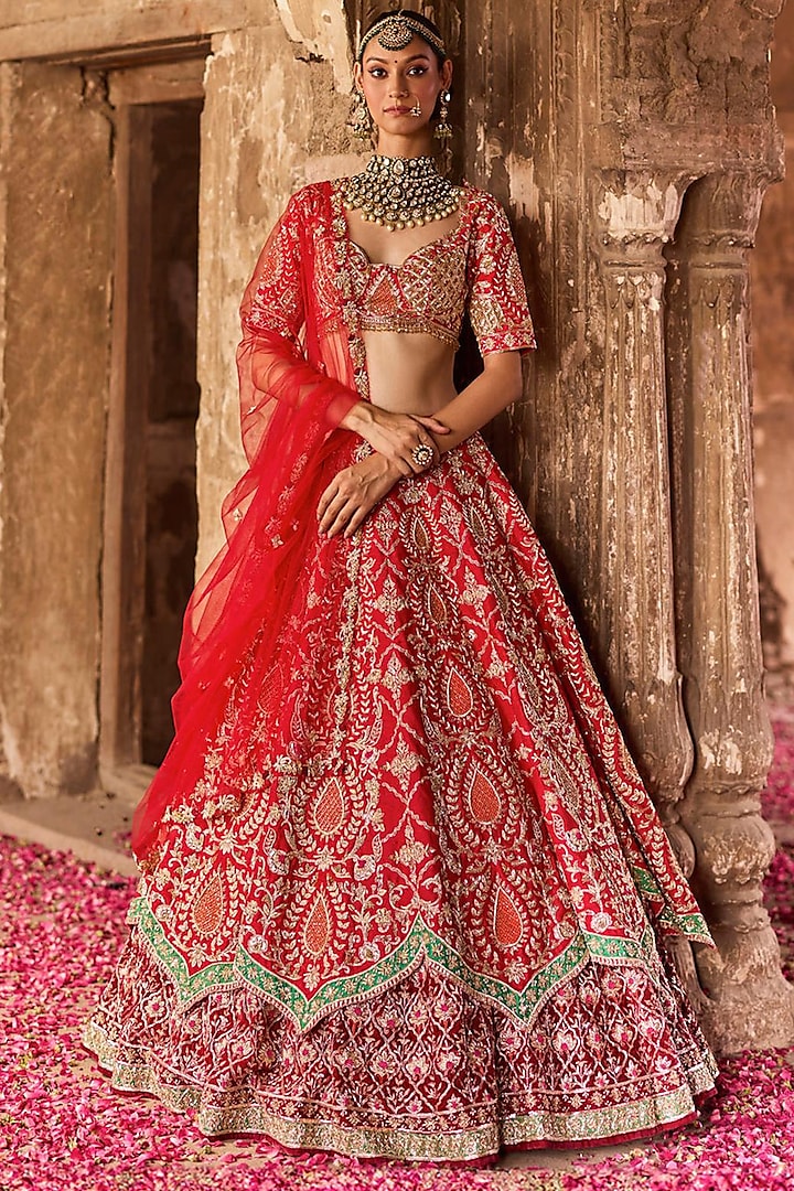 Red Raw Silk & Velvet Gota Patti Embroidered Bridal Lehenga Set by Ronak and Shruti at Pernia's Pop Up Shop