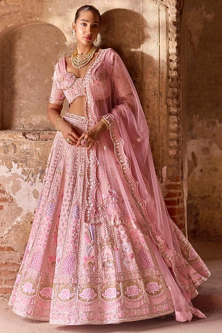 Flamingo Pink Linen Satin Crystal & Zardosi Embroidered Bridal Lehenga Set by Ronak and Shruti at Pernia's Pop Up Shop