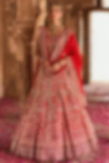 Red Raw Silk Zardosi Embroidered Bridal Lehenga Set by Ronak and Shruti at Pernia's Pop Up Shop