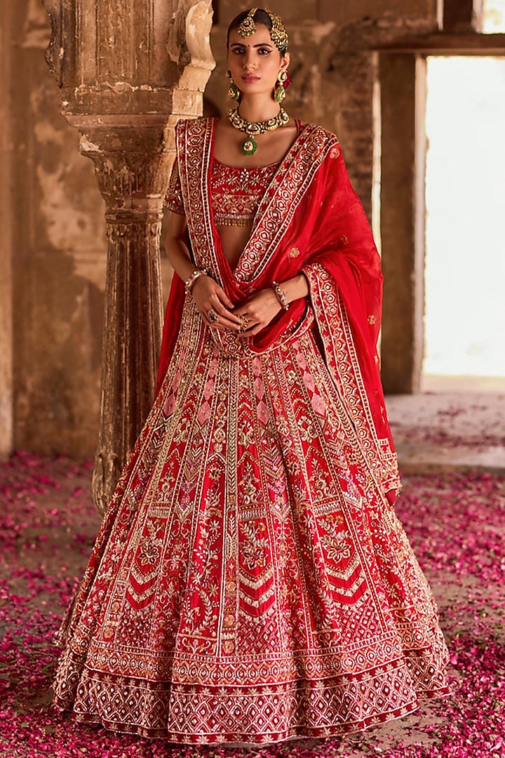 Red Raw Silk Zardosi Embroidered Bridal Lehenga Set by Ronak and Shruti at Pernia's Pop Up Shop