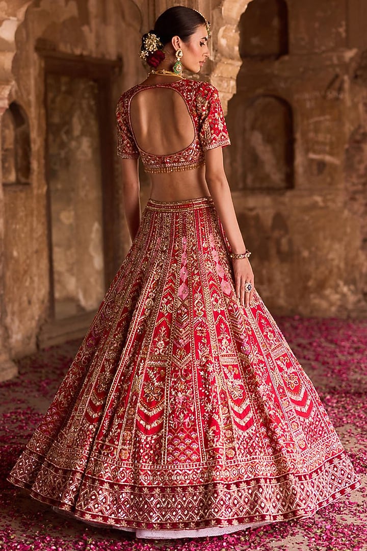 Red Raw Silk Zardosi Embroidered Bridal Lehenga Set by Ronak and Shruti at Pernia's Pop Up Shop