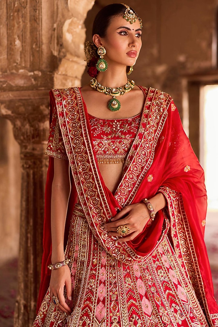 Red Raw Silk Zardosi Embroidered Bridal Lehenga Set by Ronak and Shruti at Pernia's Pop Up Shop