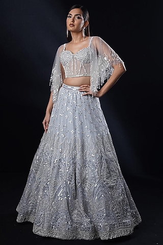 Powder Blue Organza Sequins & Mirror Work Jacket Lehenga Set by Ronak and Shruti