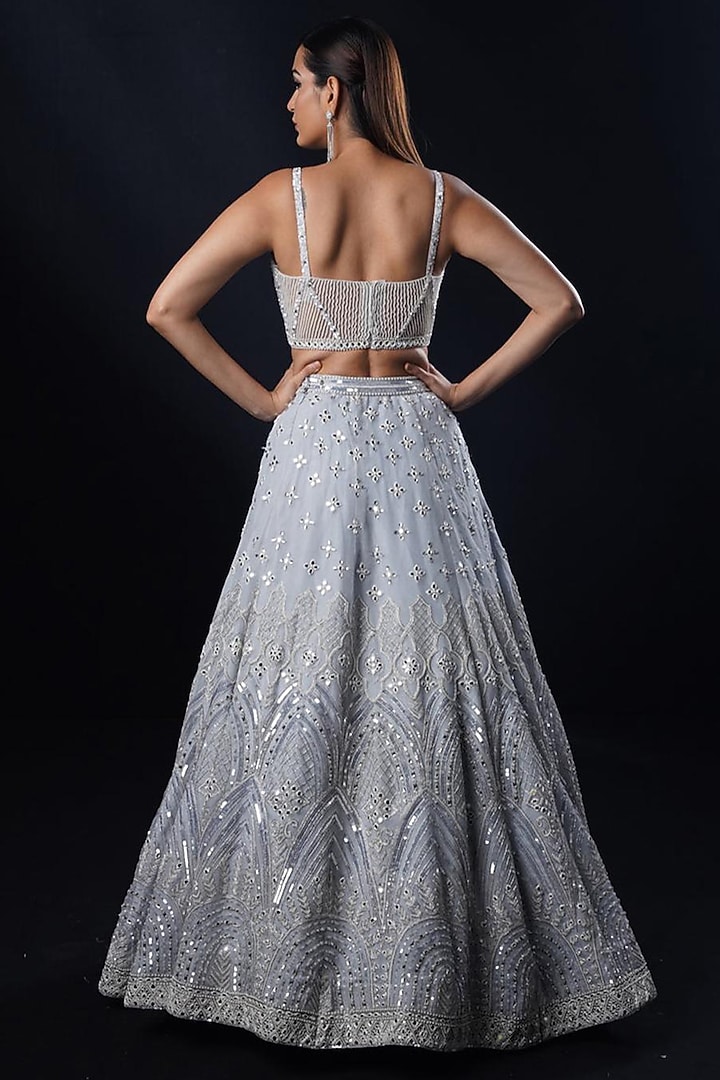 Powder Blue Organza Sequins & Mirror Work Jacket Bridal Lehenga Set by Ronak and Shruti at Pernia's Pop Up Shop