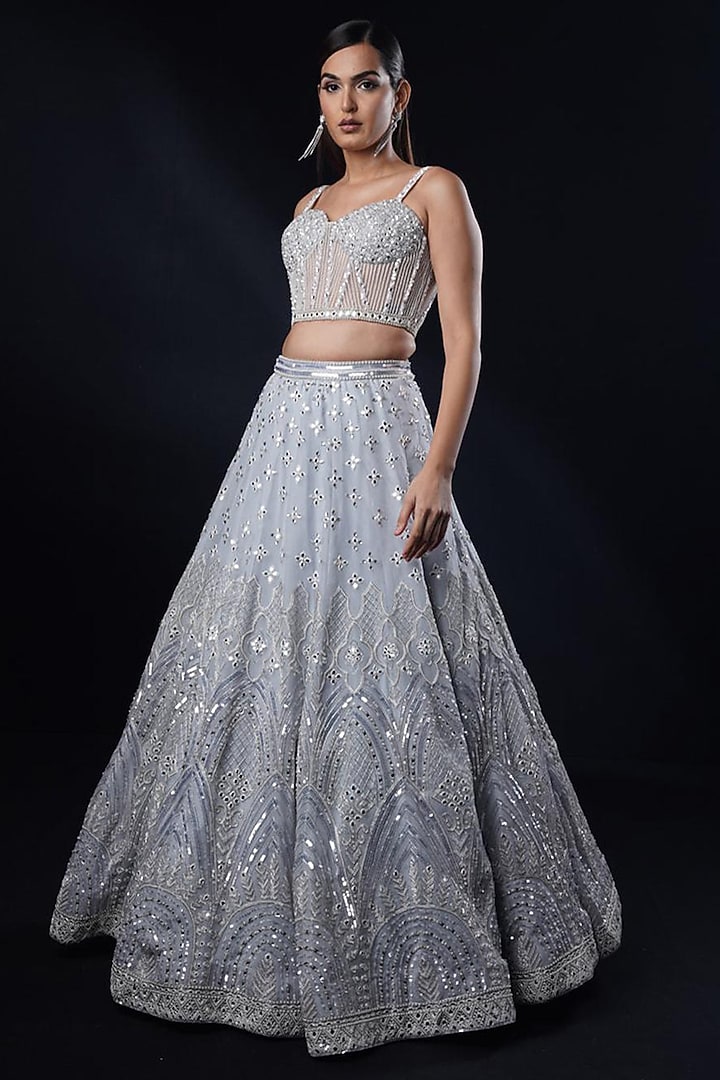 Powder Blue Organza Sequins & Mirror Work Jacket Bridal Lehenga Set by Ronak and Shruti at Pernia's Pop Up Shop