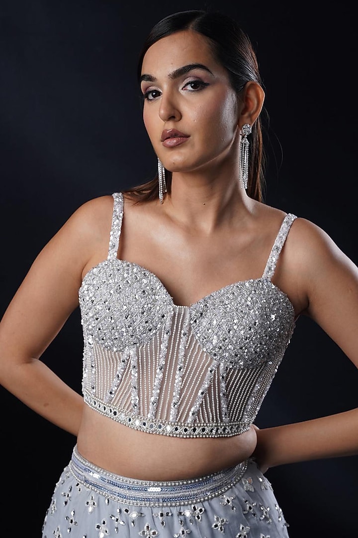 Powder Blue Organza Sequins & Mirror Work Jacket Bridal Lehenga Set by Ronak and Shruti at Pernia's Pop Up Shop