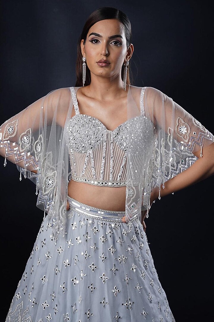 Powder Blue Organza Sequins & Mirror Work Jacket Bridal Lehenga Set by Ronak and Shruti at Pernia's Pop Up Shop
