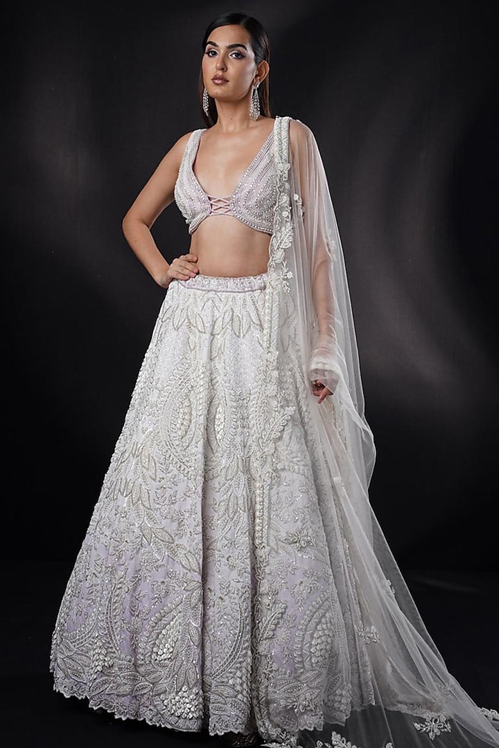 Light Purple Dupion Silk Pearl Hand Embroidered Bridal Lehenga Set by Ronak and Shruti at Pernia's Pop Up Shop