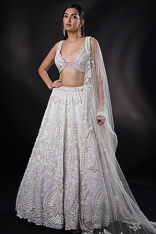 Light Purple Dupion Silk Pearl Hand Embroidered Lehenga Set by Ronak and Shruti