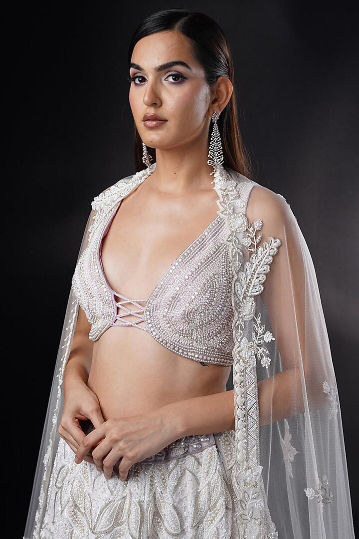 Light Purple Dupion Silk Pearl Hand Embroidered Bridal Lehenga Set by Ronak and Shruti at Pernia's Pop Up Shop