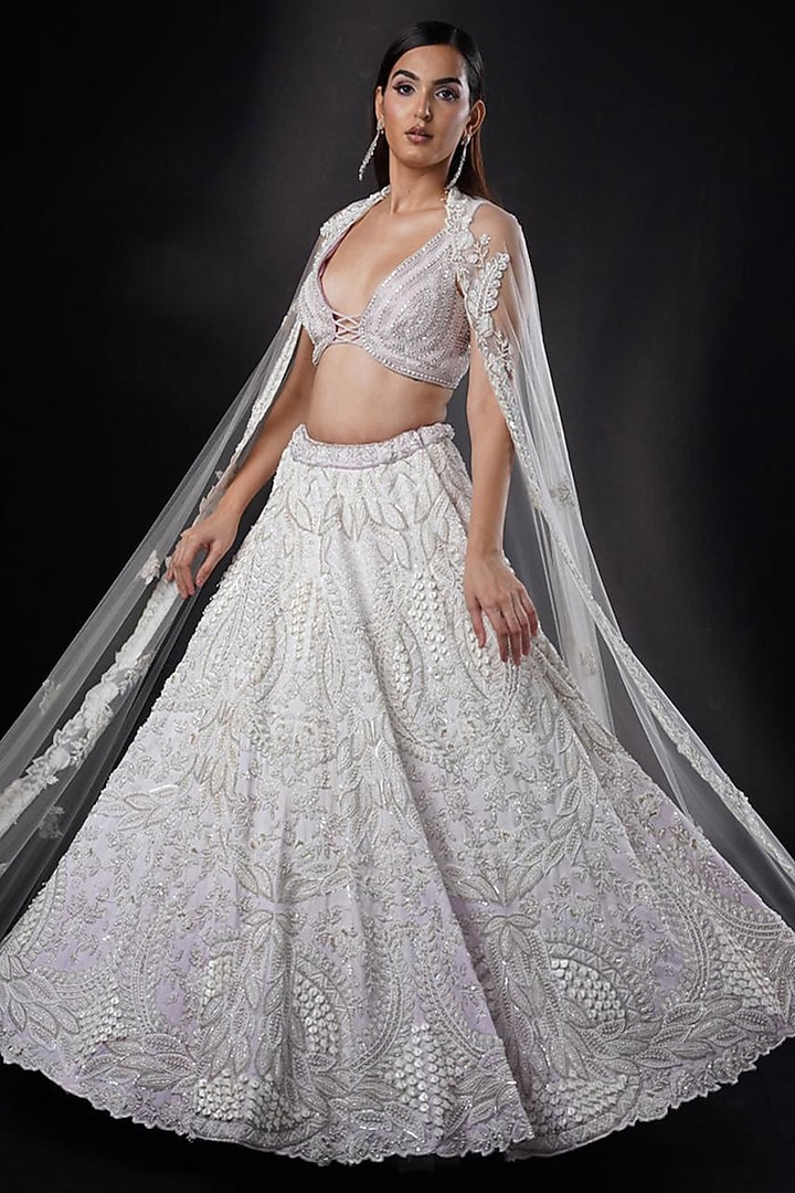 Light Purple Dupion Silk Pearl Hand Embroidered Bridal Lehenga Set by Ronak and Shruti at Pernia's Pop Up Shop