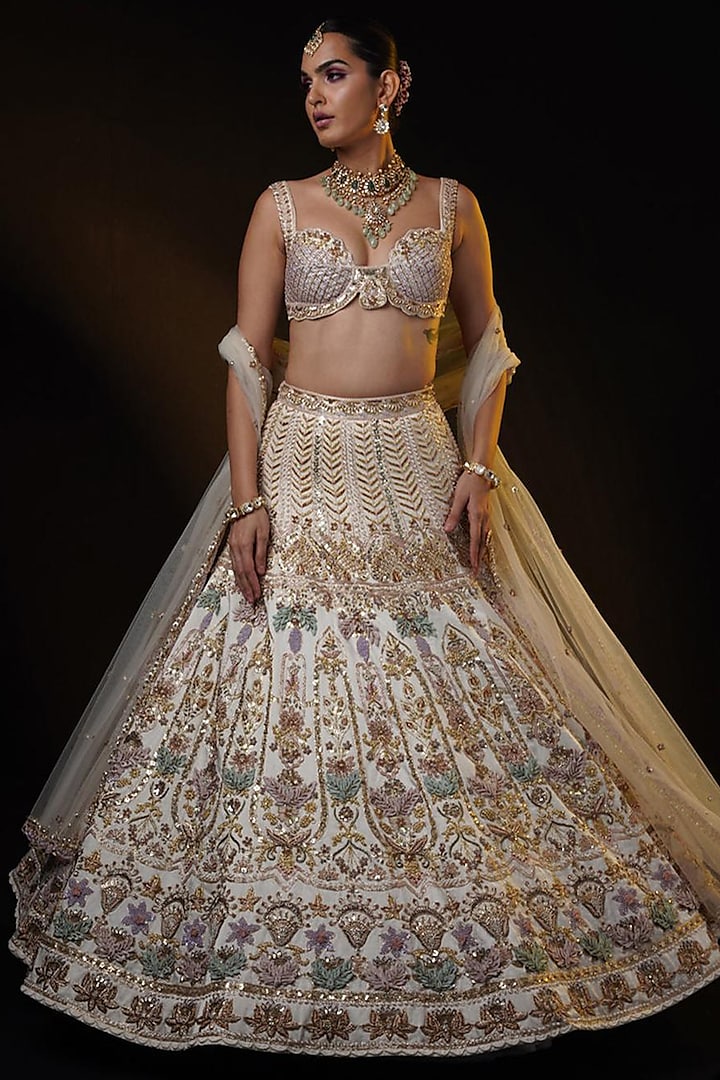 Ivory Linen Satin Zardsi & Dabka Hand Embroidered Bridal Lehenga Set by Ronak and Shruti at Pernia's Pop Up Shop