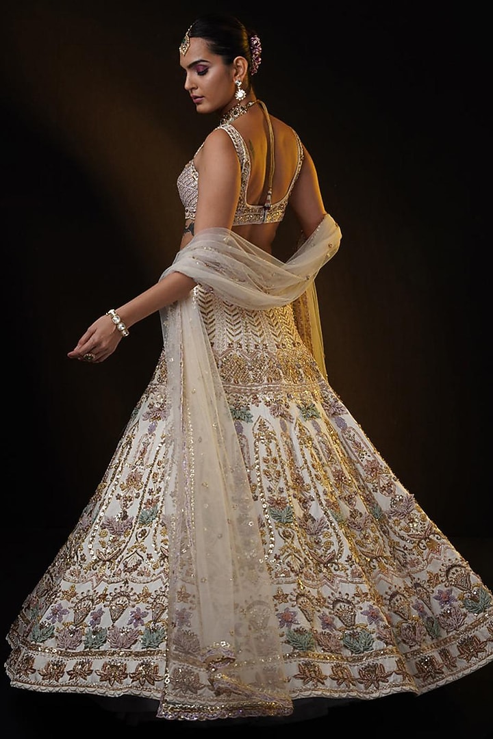 Ivory Linen Satin Zardsi & Dabka Hand Embroidered Bridal Lehenga Set by Ronak and Shruti at Pernia's Pop Up Shop