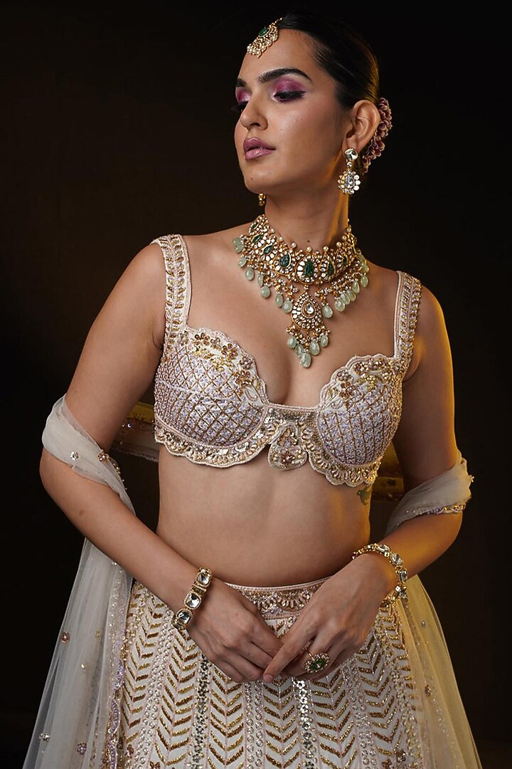Ivory Linen Satin Zardsi & Dabka Hand Embroidered Bridal Lehenga Set by Ronak and Shruti at Pernia's Pop Up Shop