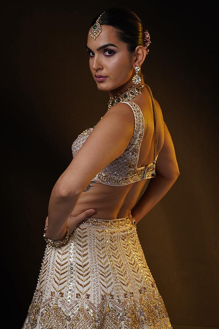 Ivory Linen Satin Zardsi & Dabka Hand Embroidered Bridal Lehenga Set by Ronak and Shruti at Pernia's Pop Up Shop